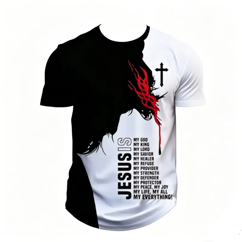 T-shirt Homme Noir et Blanc Imprimé Jésus Croix Chrétienne Graphique Manches Courtes Décontracté Str