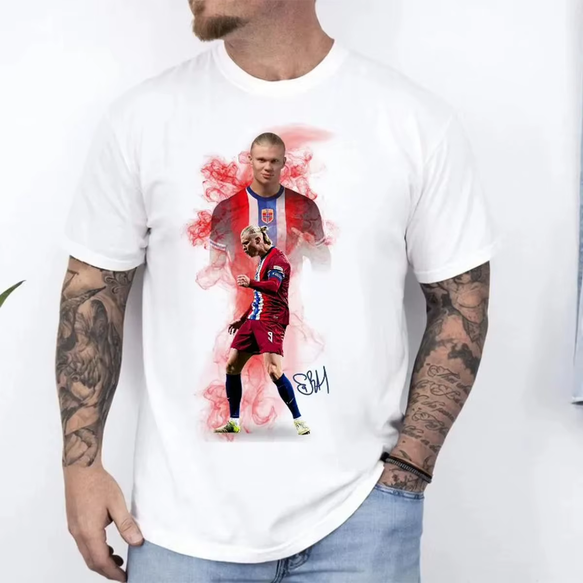 T-shirt avec portrait signature Erling Haaland, t-shirt graphique de la star du football norvégien, 
