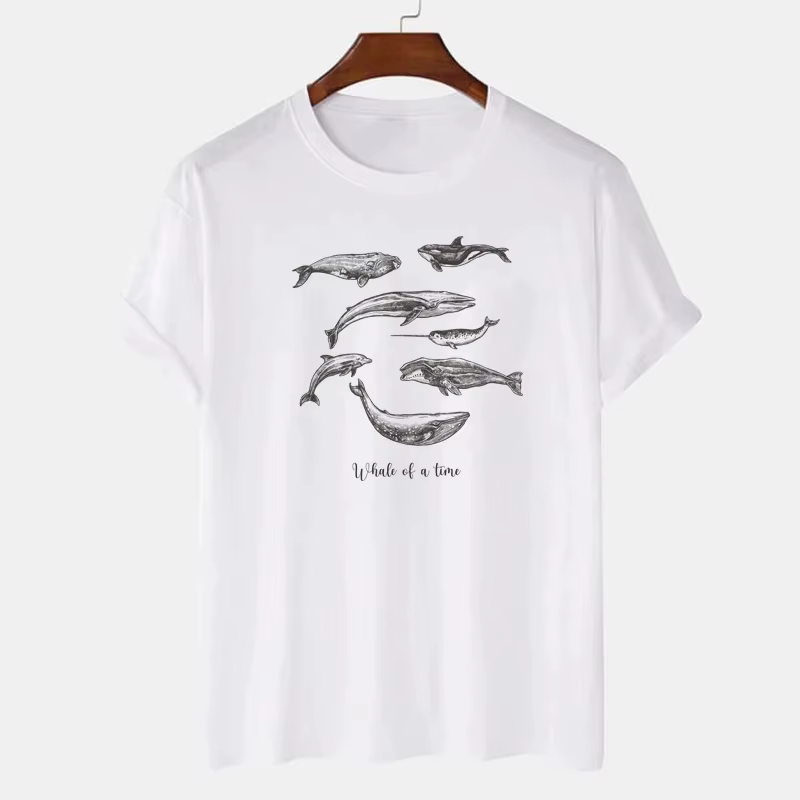 T-shirt manches courtes femme, estival et doux, imprimé baleine d'un temps, Vegan Dolphin Sea, Vinta