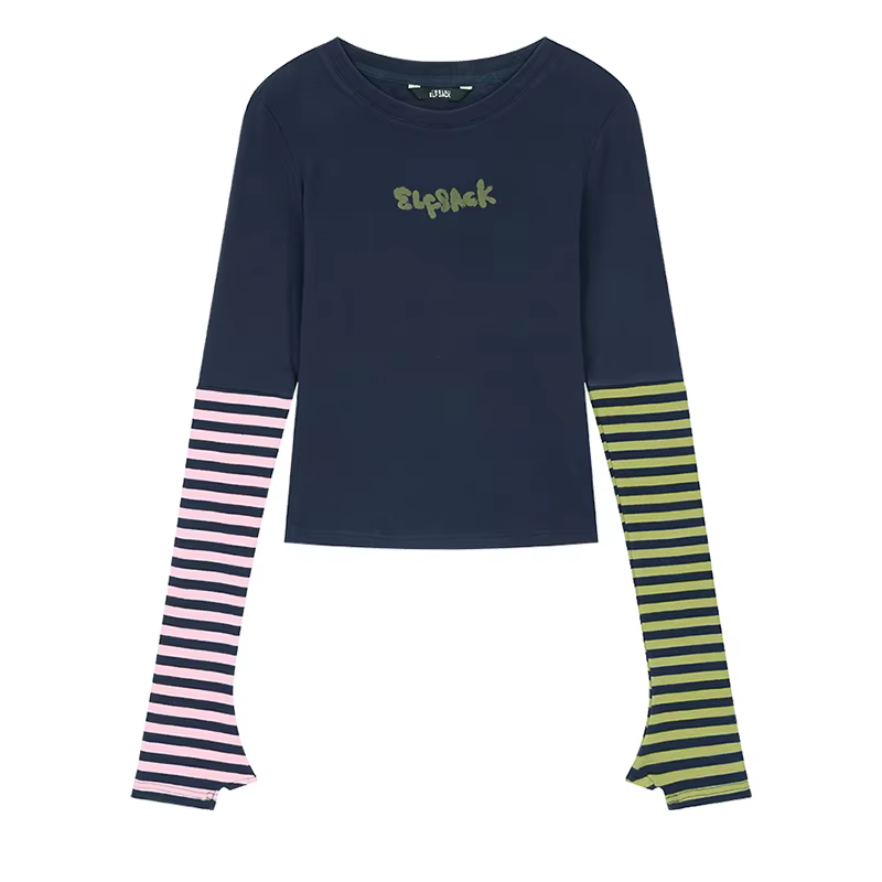 ELFSACK T-shirt à manches longues pour femme avec manches rayées à blocs de couleur, haut streetwear