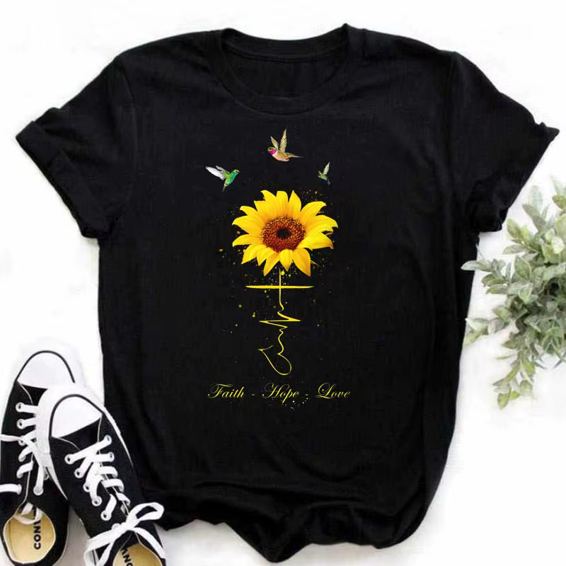 Maycaur T-shirt femme décontracté Kawaii tournesol motif papillon imprimé T-shirt confortable décont