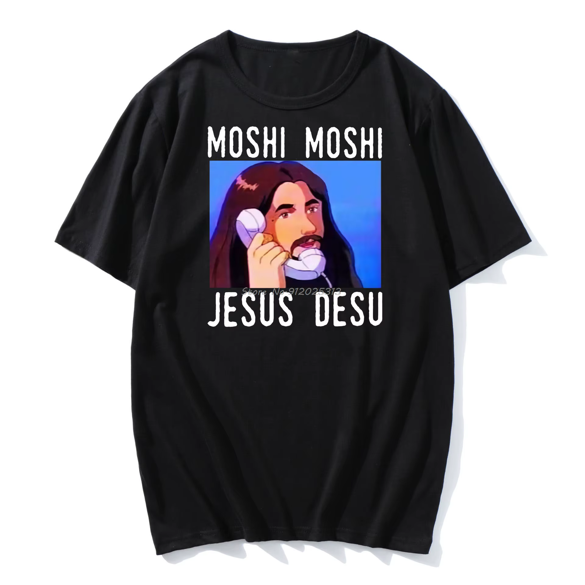 Moshi Moshi jésus Desu drôle surdimensionné T-shirt hommes T-shirt noir coton hommes chemise mode T-