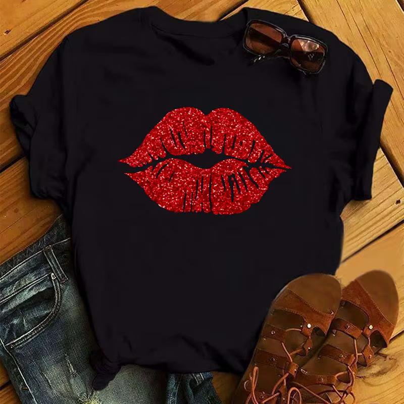 Maycaur Sexy lèvres rouges imprimer femmes t-shirts mode femmes décontracté à manches courtes col ro