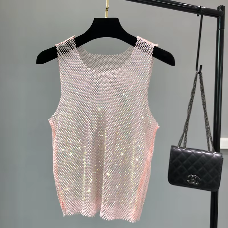 Débardeur brillant avec perles en cristal, camisole d'estampage, diamant évidé, sexy, club de fête