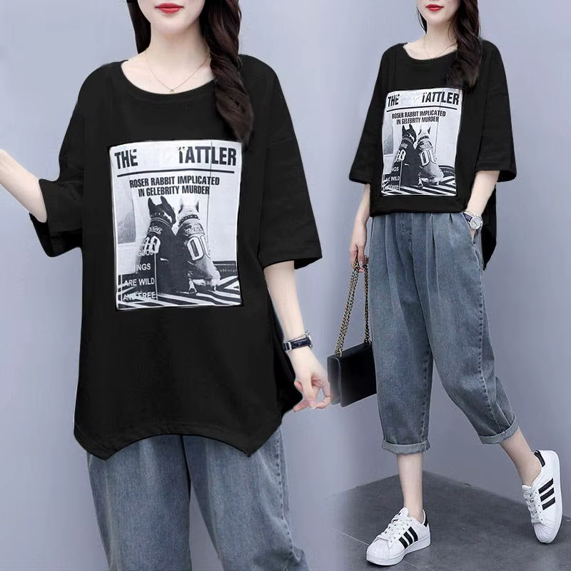 T-shirt imprimé coréen pour femme, tenue en jean femme, décontracté, trempé, nouveau, été, printemps