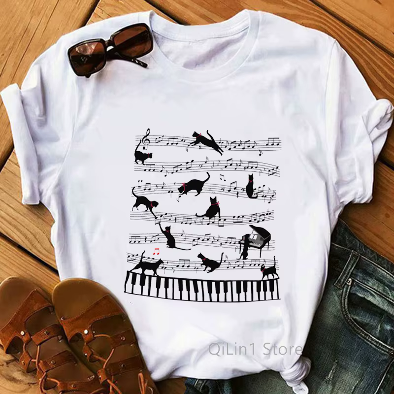 T-shirt manches courtes femme, estival et décontracté, humoristique, avec note de musique, chat noir