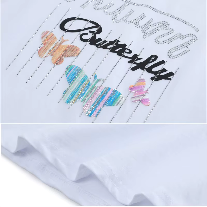 T-shirt manches courtes col rond, ample et brillant, en coton, avec lettres imprimées de papillons,