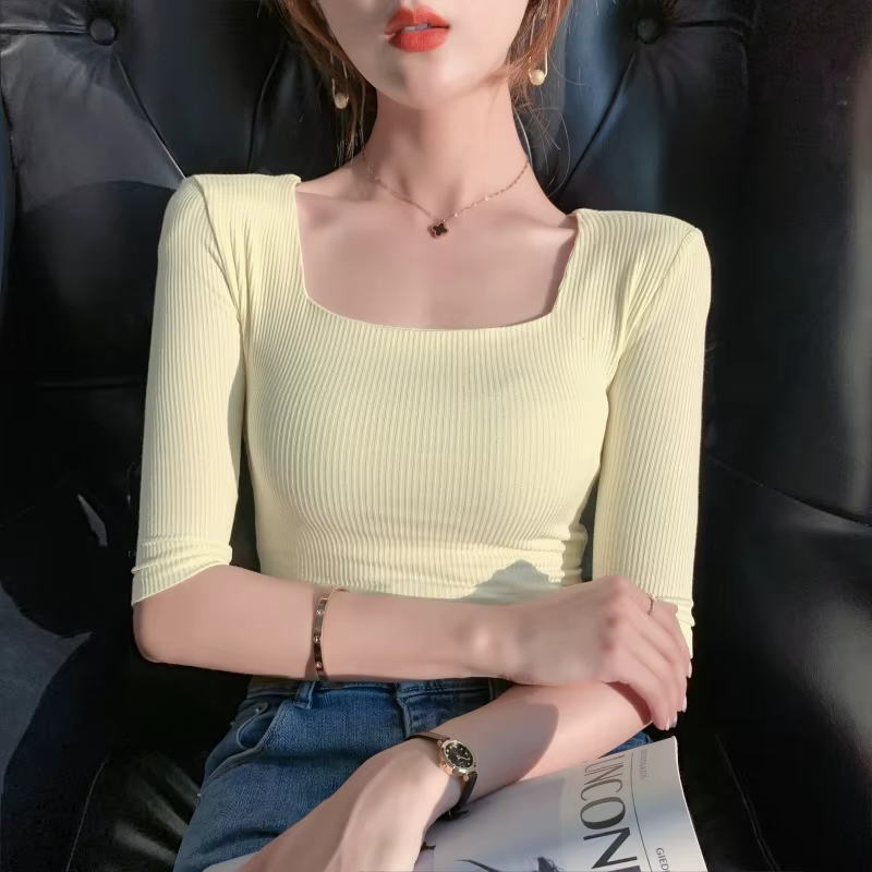 T-shirt manches mi-longues pour femmes, col carré, slim, en coton, solide, été, basique, haute élast