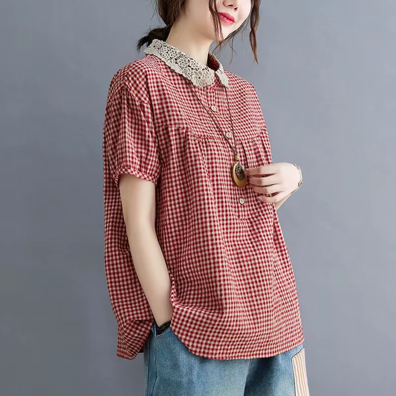 Chemises décontractées en coton et lin pour femmes, style vintage, col claudine, imprimé à carreaux,
