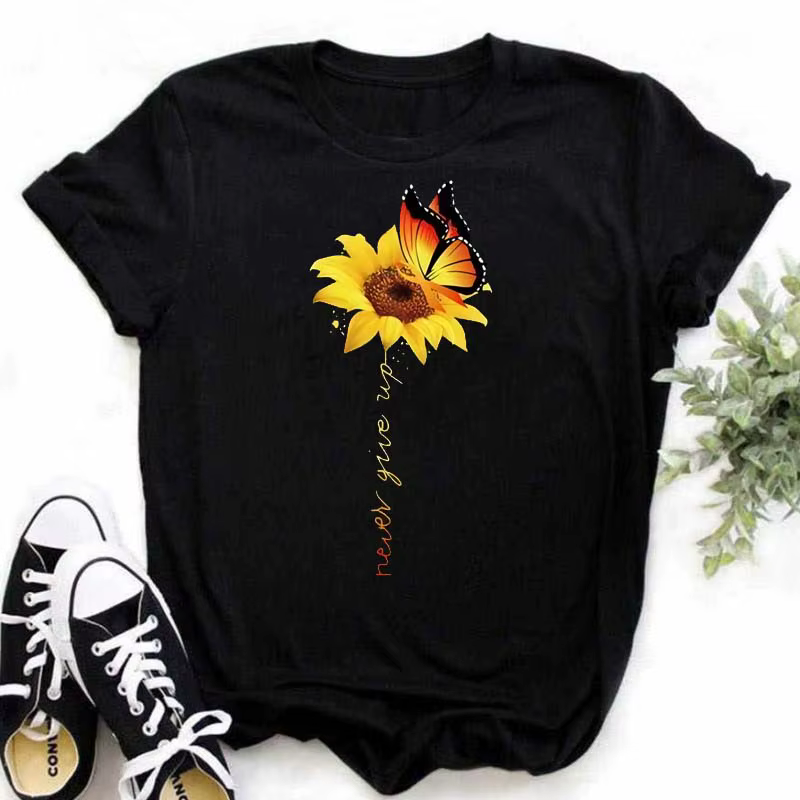 Maycaur T-shirt femme décontracté Kawaii tournesol motif papillon imprimé T-shirt confortable décont