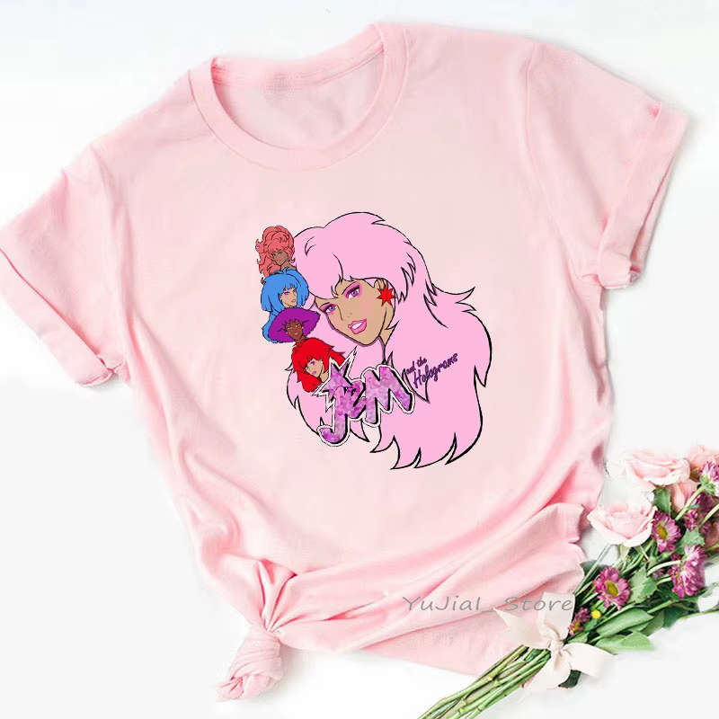T-shirt femme rose, humoristique, Jem et l'hologramme, harajuku, été 2024