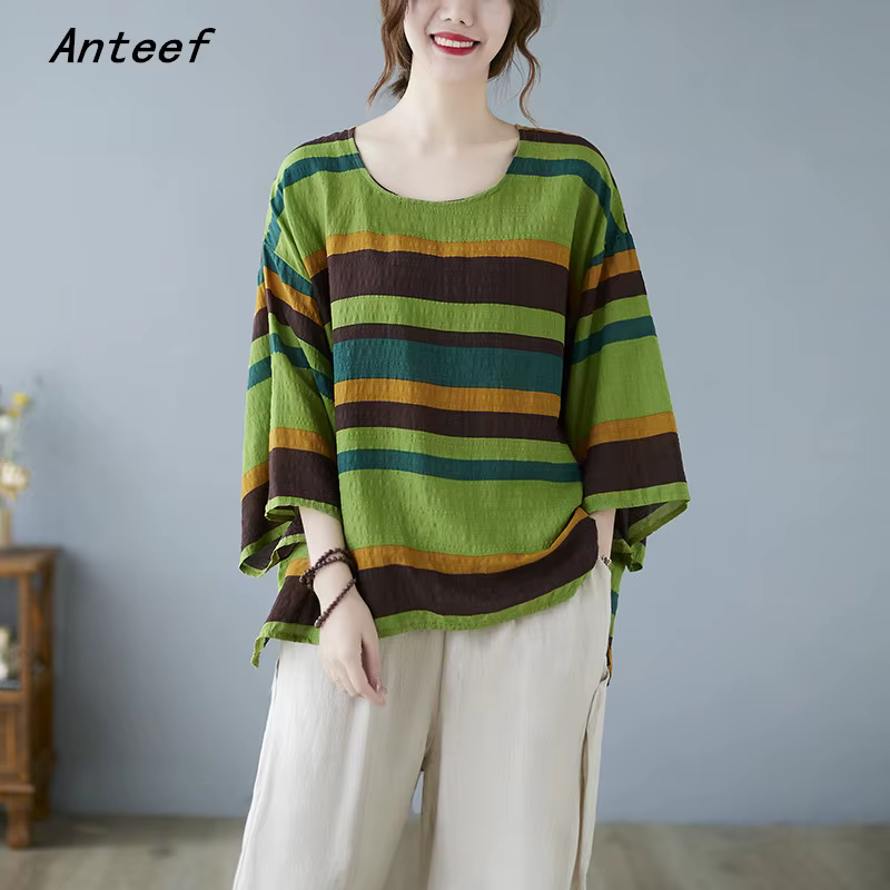 Anteef surdimensionné coton vintage rayure décontracté lâche été t-shirt femmes t-shirt dames t-shir