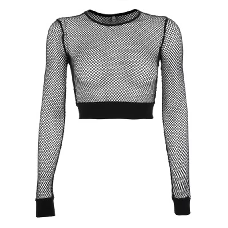 T-Shirt noir en maille ajouré pour femme, haut court et moulant, Sexy, basique, en résille, à la mod
