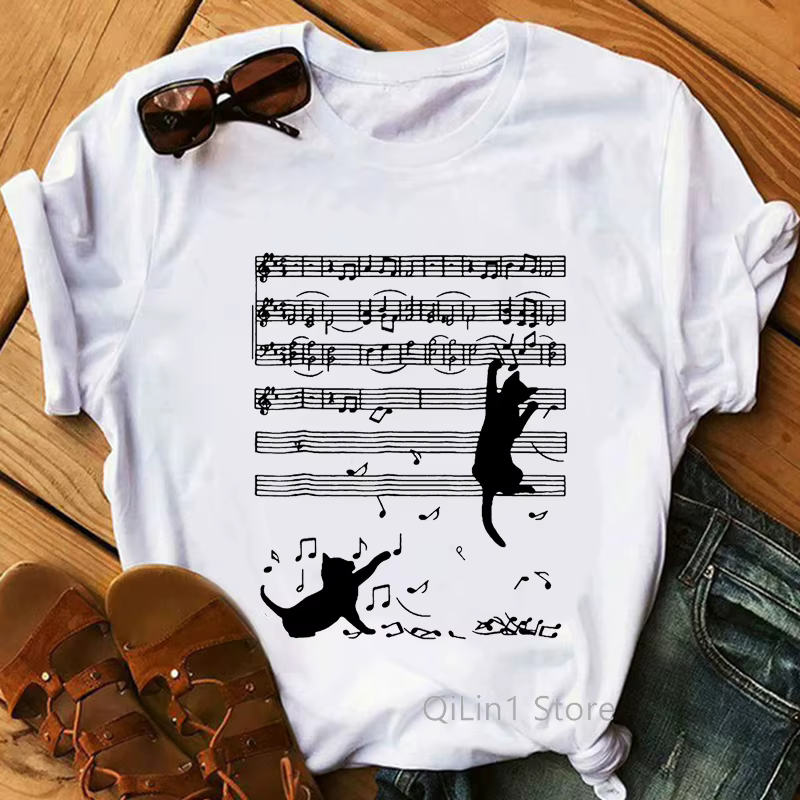 T-shirt manches courtes femme, estival et décontracté, humoristique, avec note de musique, chat noir
