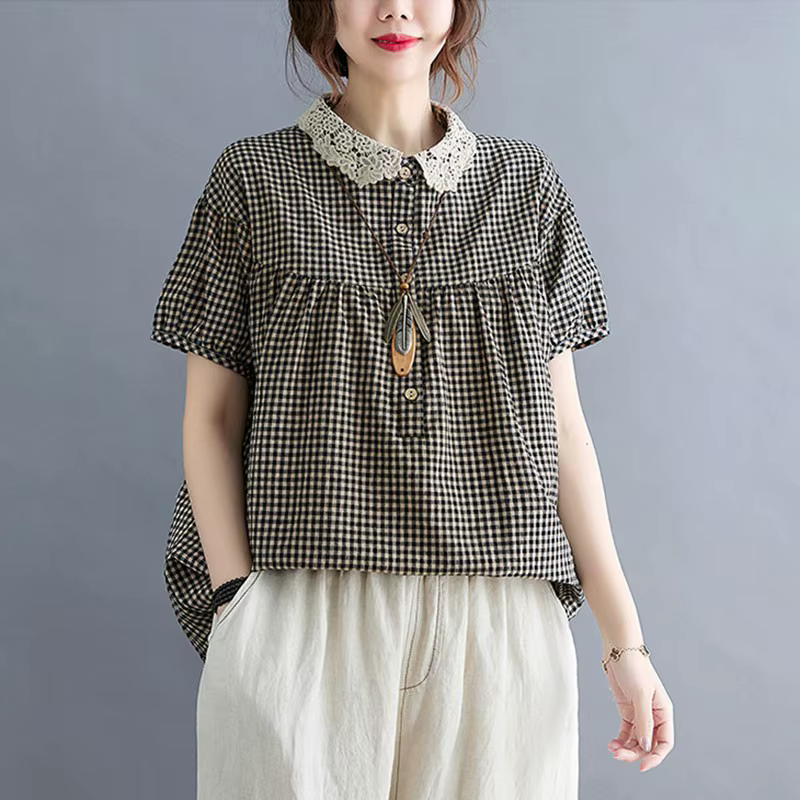Chemises décontractées en coton et lin pour femmes, style vintage, col claudine, imprimé à carreaux,