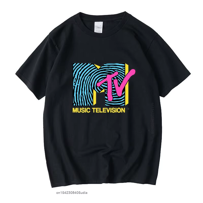 Mtv-empreinte digitale 80s Vintage unisexe noir t-shirt hommes t-shirts rétro graphique t-shirts cot