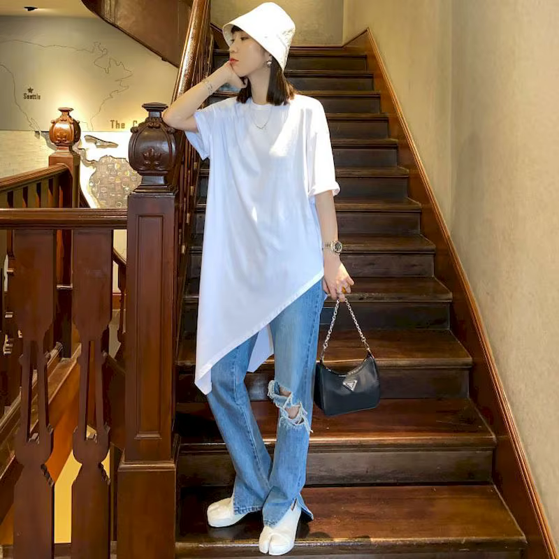 2025 été nouveau T-shirt femme 100% coton coréen irrégulier à manches courtes T-shirt jupe longue no