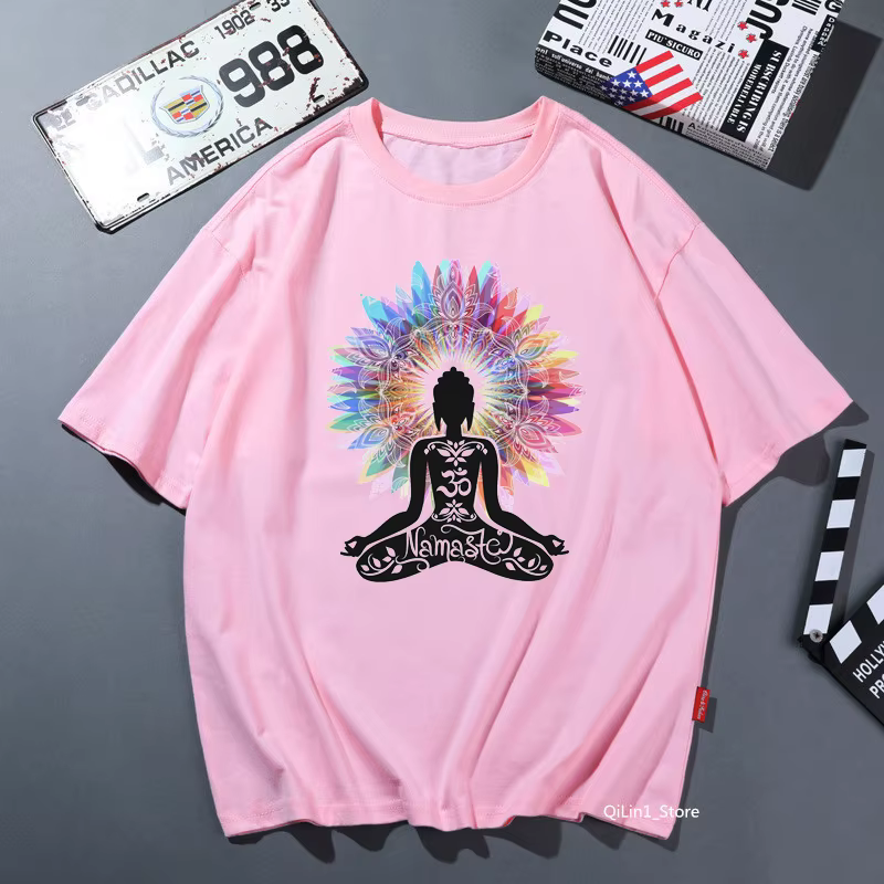 T-shirt à manches courtes pour femmes, estival et estival, avec impression de méditation bouddha cha