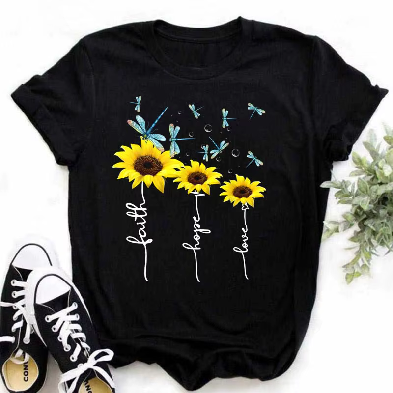 Maycaur T-shirt femme décontracté Kawaii tournesol motif papillon imprimé T-shirt confortable décont
