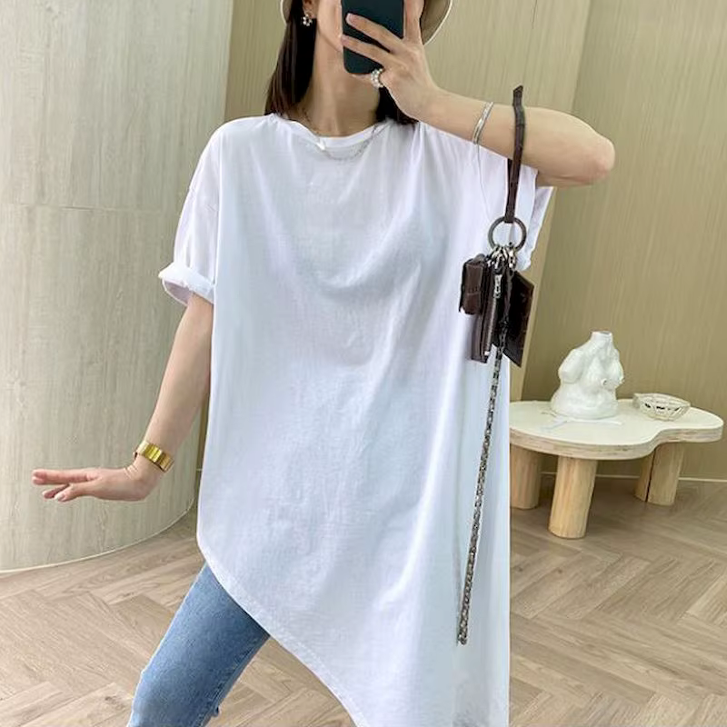2025 été nouveau T-shirt femme 100% coton coréen irrégulier à manches courtes T-shirt jupe longue no