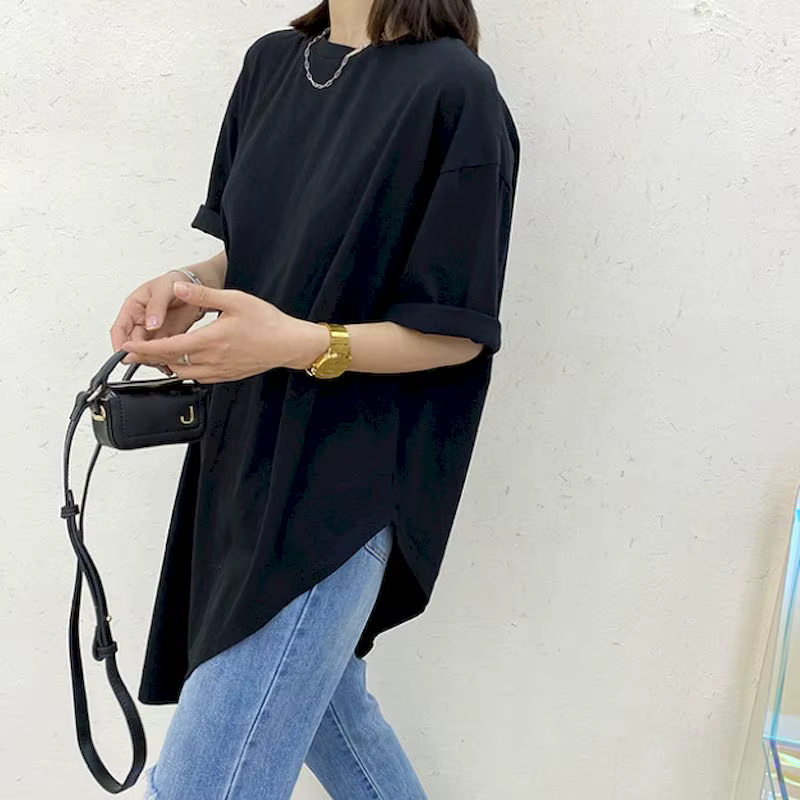 2025 été nouveau T-shirt femme 100% coton coréen irrégulier à manches courtes T-shirt jupe longue no