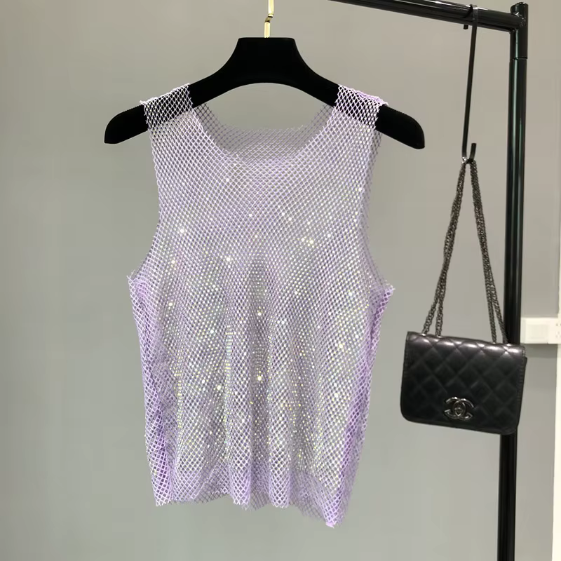Débardeur brillant avec perles en cristal, camisole d'estampage, diamant évidé, sexy, club de fête