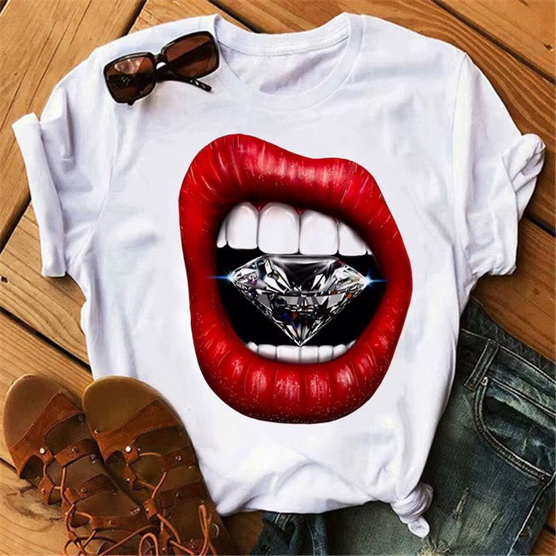 Maycaur femmes diamant lèvre graphique t-shirt mode femme hauts col rond Sexy noir t-shirts drôle dé