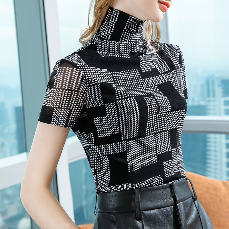 T-Shirt à Col Roulé et Manches Courtes en Maille pour Femme, Style Coréen, Simple, Décontracté, Slim