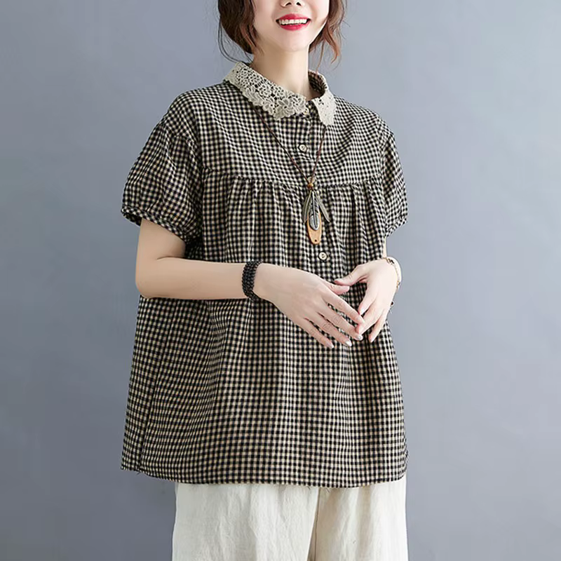 Chemises décontractées en coton et lin pour femmes, style vintage, col claudine, imprimé à carreaux,