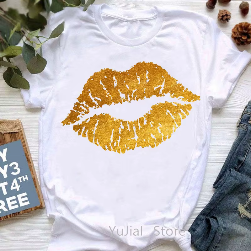Rouge paillettes lèvres imprimer T-Shirt femmes vêtements été mode T-Shirt Femme blanc Style T-Shirt