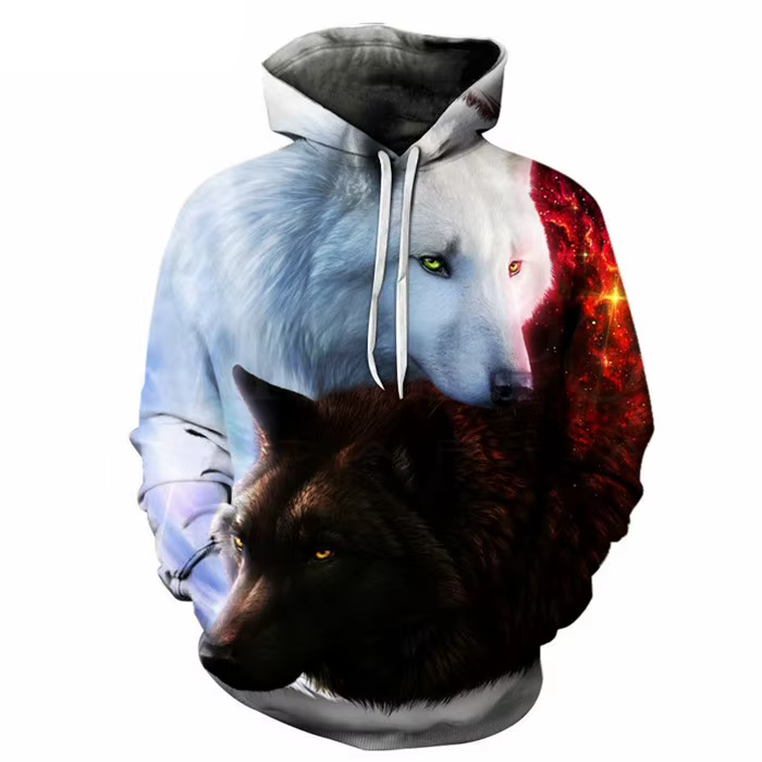 Sweat à capuche unisexe, imprimé 3d, loup de glace/feu, noir et blanc, sweat-shirt décontracté pour 