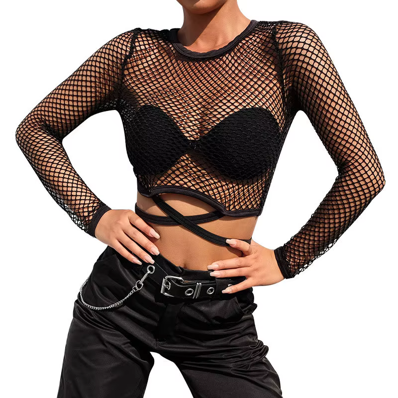 BKLD-T-Shirt à manches longues pour femme, haut en maille solide, noir, sexy, en résille, été