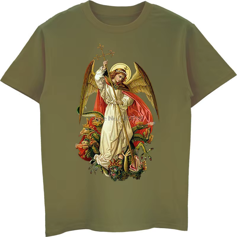 Saint Michael détruire le diable catholique chrétien T-shirt hommes coton à manches courtes T-shirt 