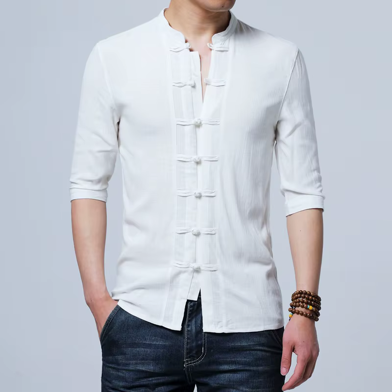 Vêtements traditionnels chinois pour hommes, manches mi-longues, coton, lin, chemises de style chino