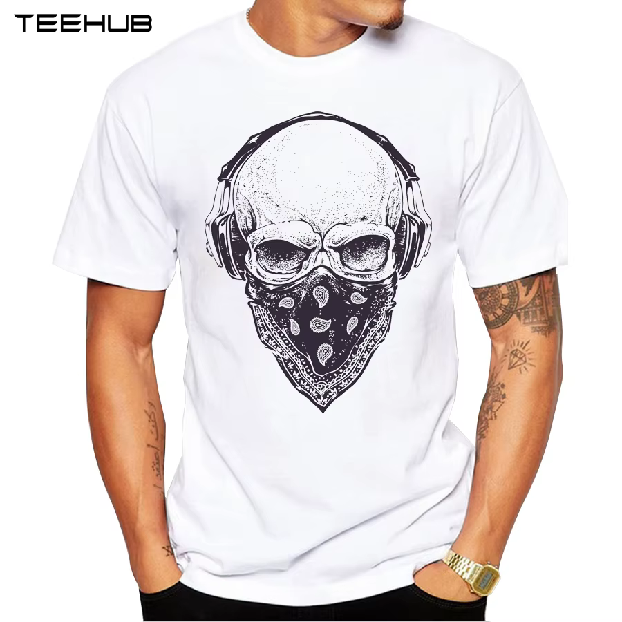 T-Shirt à Manches Courtes pour Homme, à la Mode, avec Motif de Crâne et Casque, Décontracté, Vintage