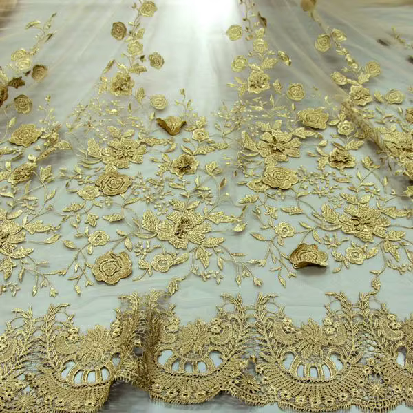 Robe de mariée dentelle 3D Flash garniture or 2 couches Tulle Voile fleurs broderie Textile tissus l
