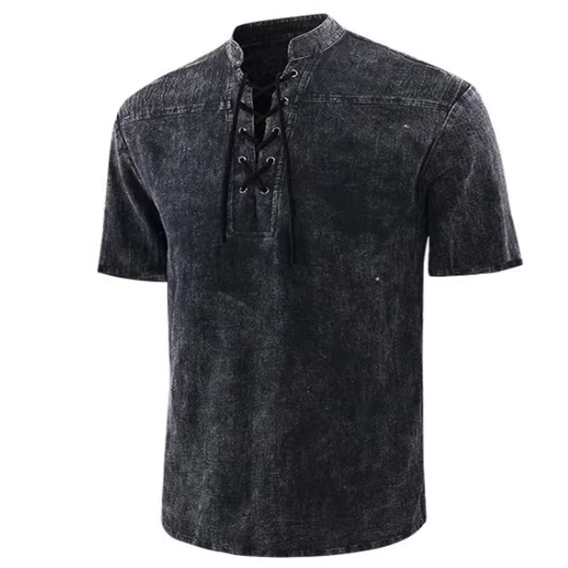 T-Shirt Vintage à Manches Courtes et Col en V pour Homme, Vêtement Surdimensionné, Solide, à Lacets,