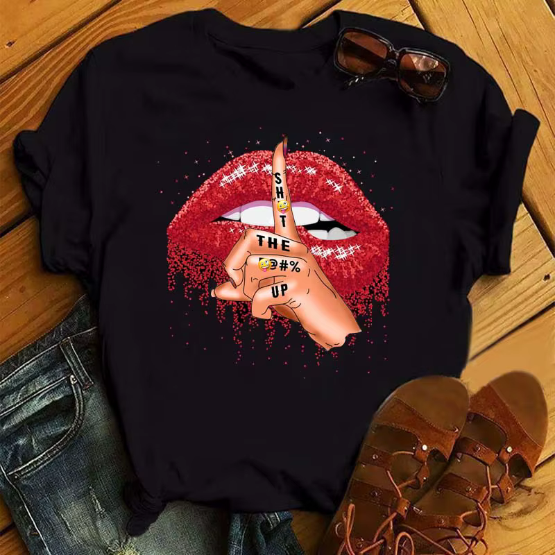 Maycaur Sexy lèvres rouges imprimer femmes t-shirts mode femmes décontracté à manches courtes col ro