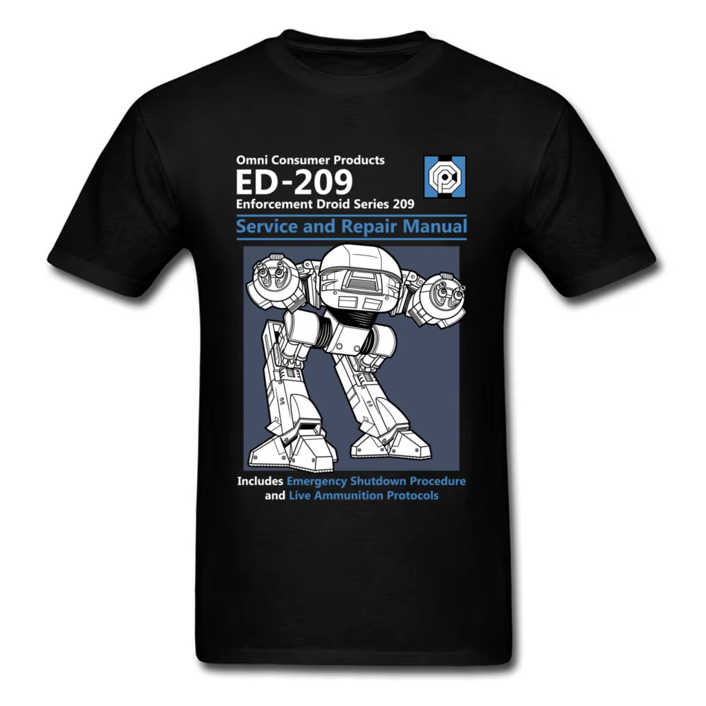 T-shirt en coton imprimé robot pour hommes, vêtements décontractés, bleu, mode estivale, ED 209, qua