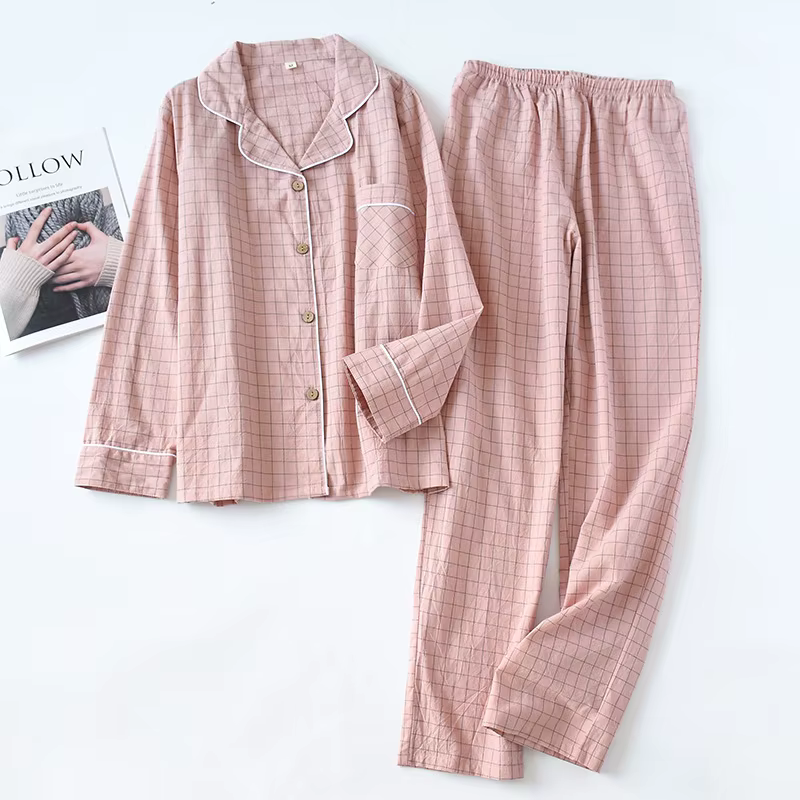 Pyjama pantalon à manches longues en coton pour femmes, vêtements de nuit à carreaux, revers d'autom
