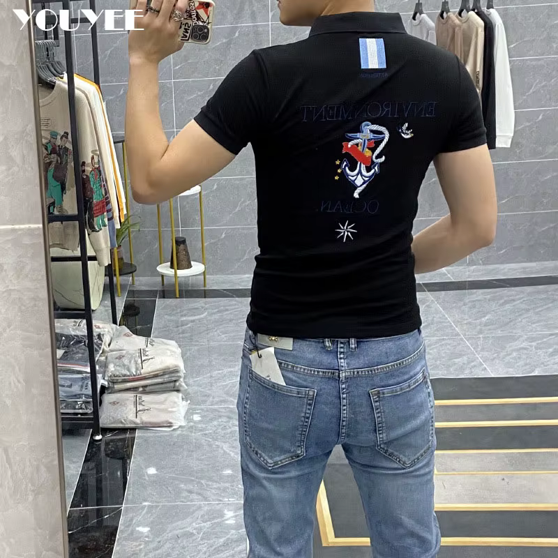 Polo brodé avec lettre injecteur pour homme, t-shirt à revers PVD, coupe couvertes, t-shirt en coton