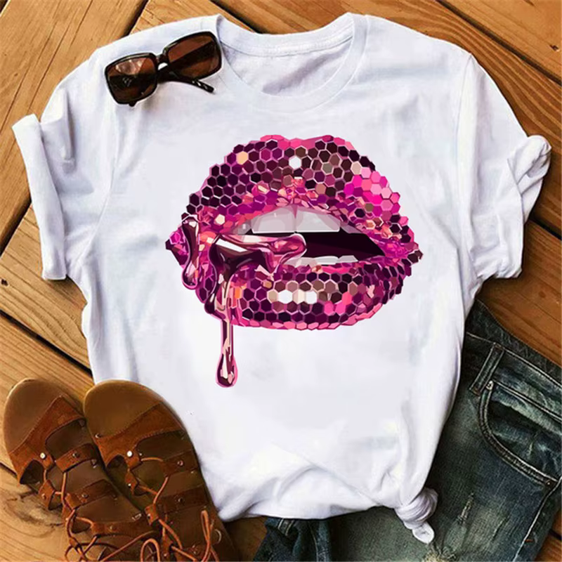 Maycaur femmes diamant lèvre graphique t-shirt mode femme hauts col rond Sexy noir t-shirts drôle dé