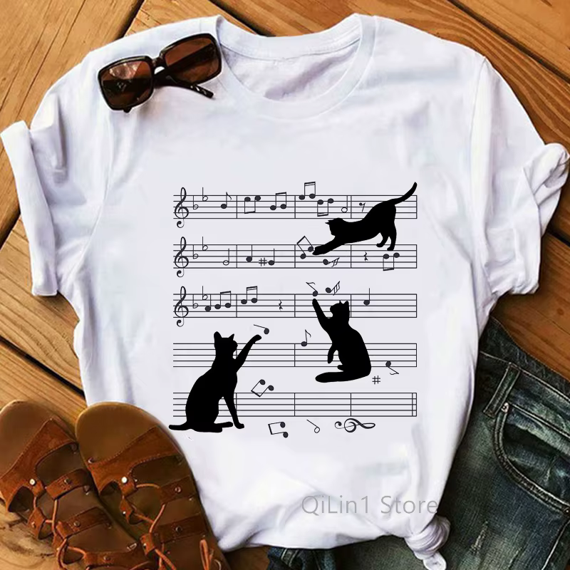 T-shirt manches courtes femme, estival et décontracté, humoristique, avec note de musique, chat noir