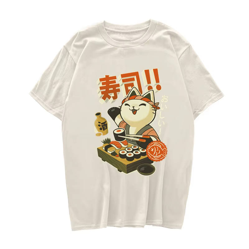 T-Shirt Manga Sushi Japonais pour Homme et Femme, en Coton, Streetwear, Harajuku, Esthétique, Mignon