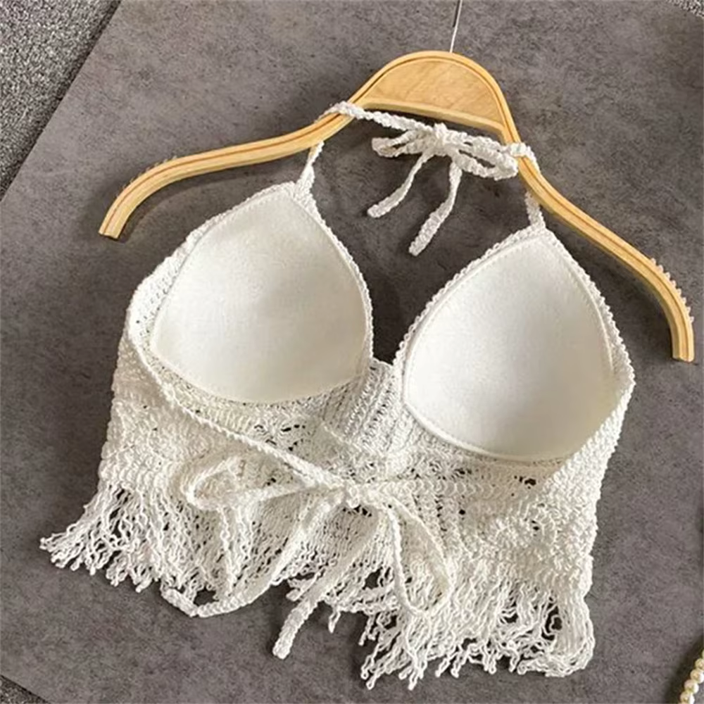 Femmes été plage Boho culture hauts Sexy Y2K tricoté dos nu évider débardeurs Crochet glands ourlet 