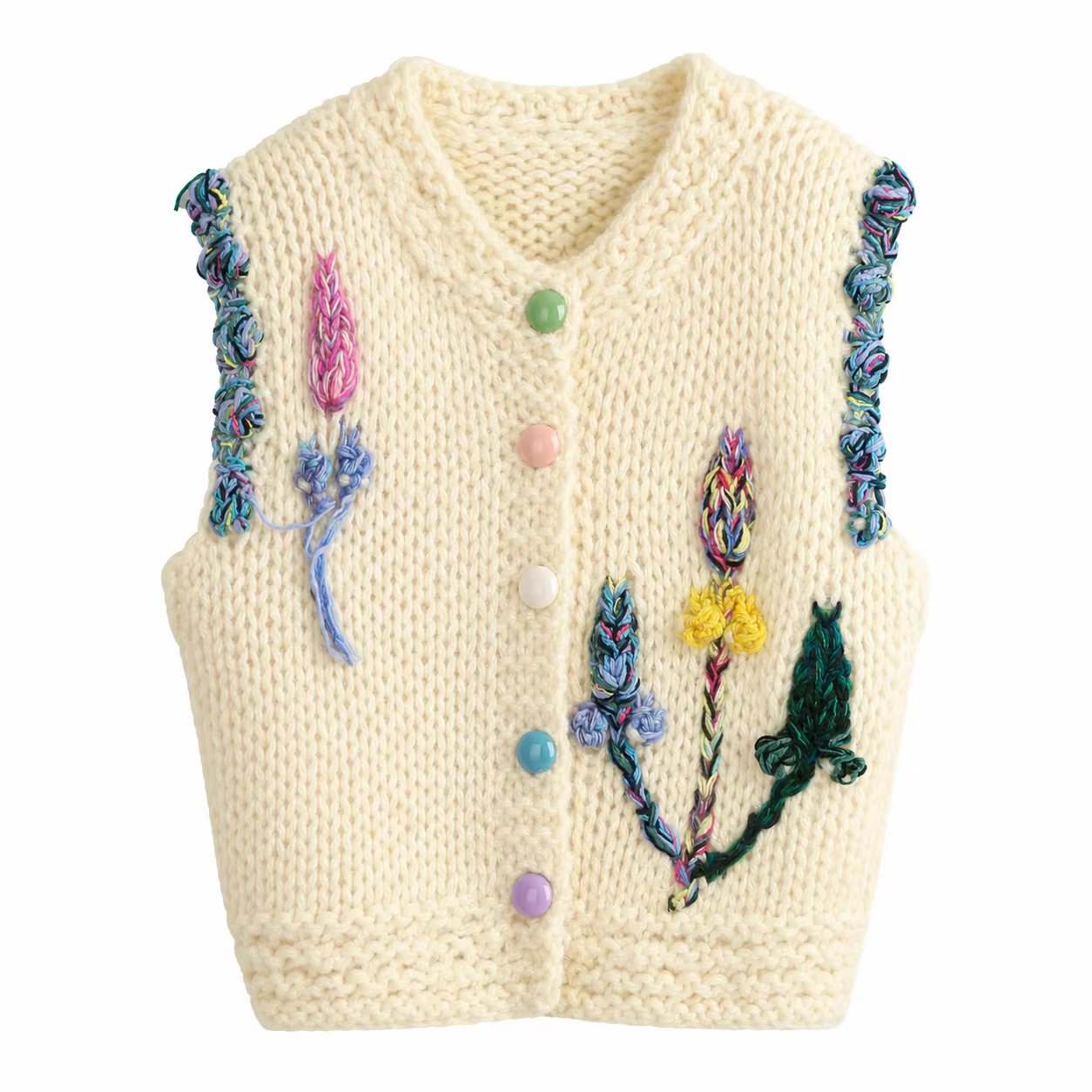 Nouveau pull sans manches pour femme, style jeune et tendance, à col rond, boutonné, en tricot color