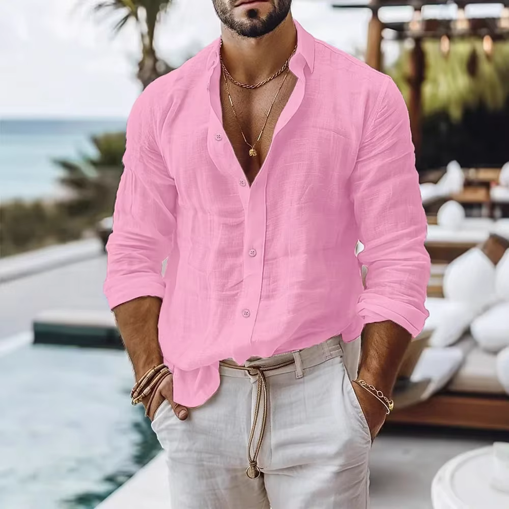 Chemise en coton et lin pour hommes, Style plage d'été, couleur unie, simple boutonnage, chemises re