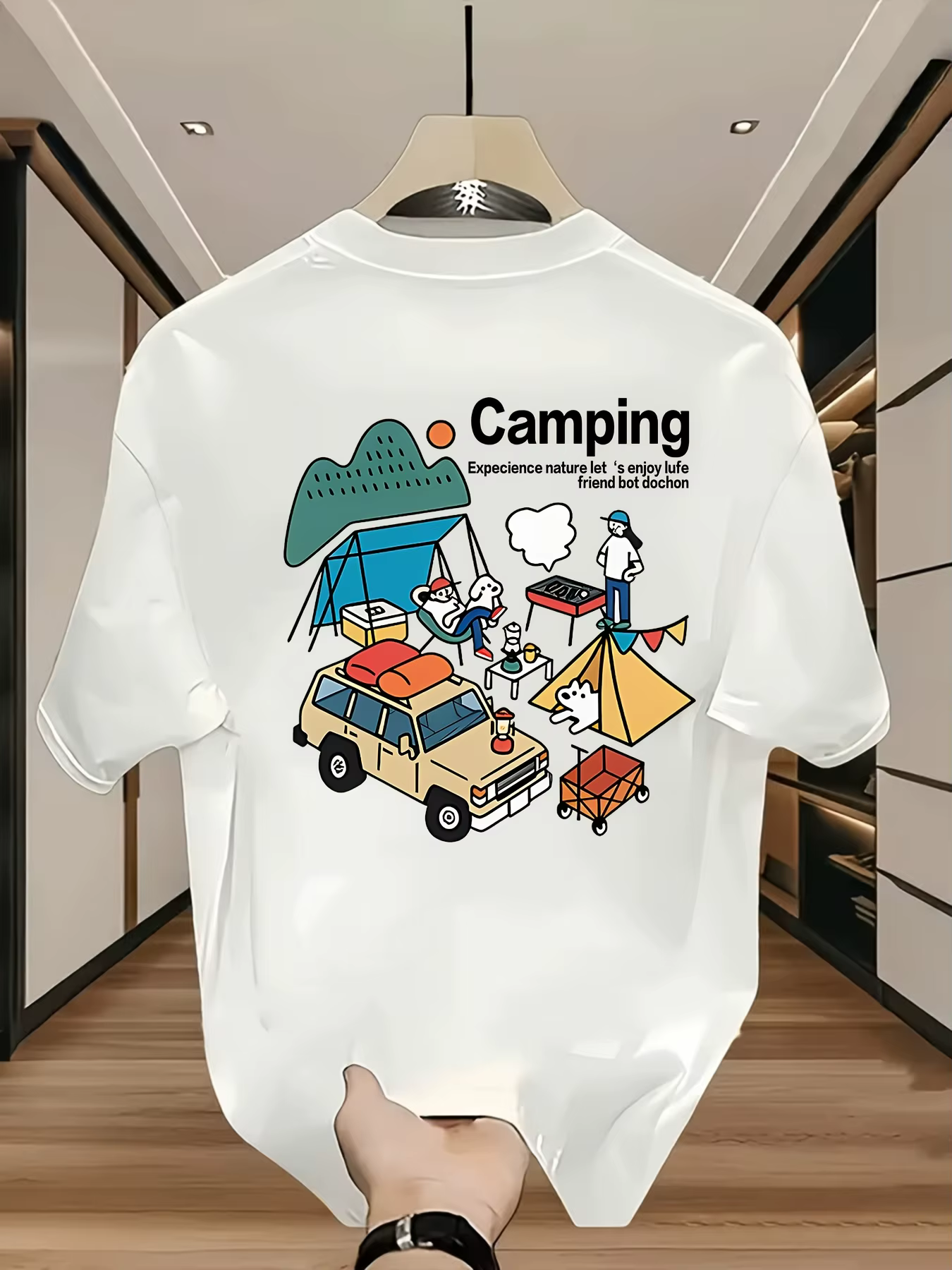 T-shirt graphique mignon pour homme, 100 % coton, avec motif SUV et tente de camping, idéal pour l'é