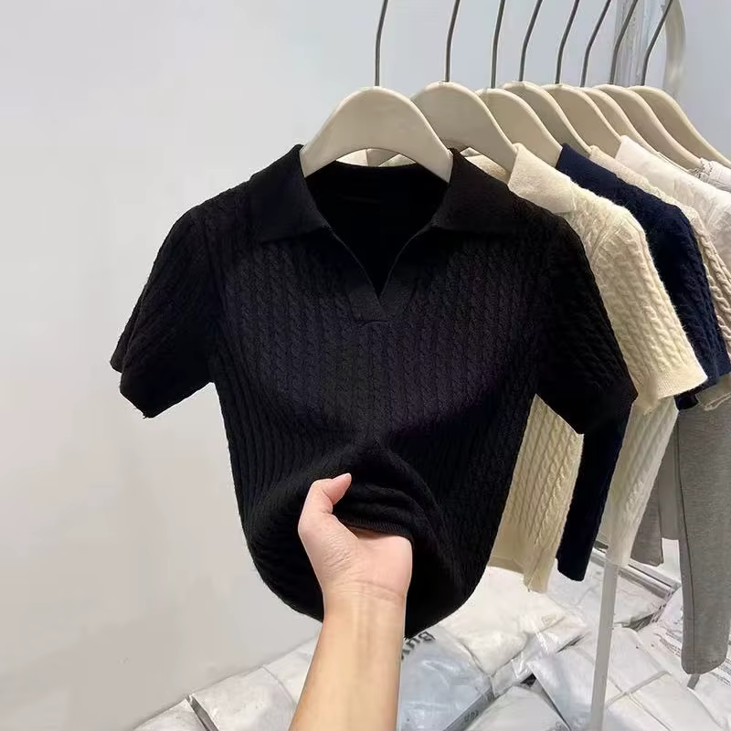 T-shirt à manches courtes en tricot pour femmes, printemps été, toutes occasions, hauts ajustés à co