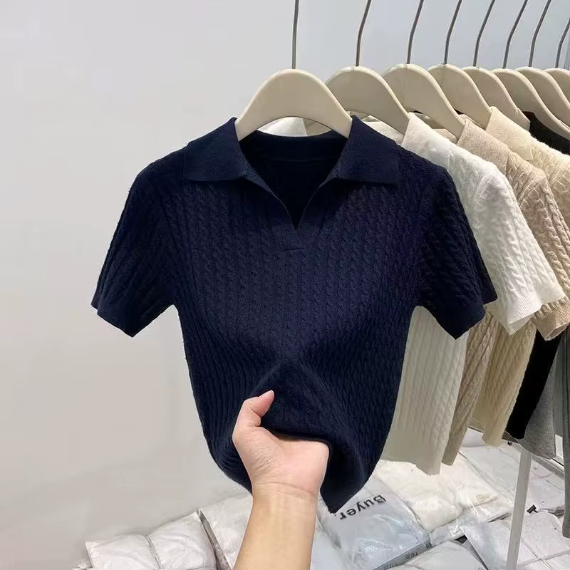 T-shirt à manches courtes en tricot pour femmes, printemps été, toutes occasions, hauts ajustés à co